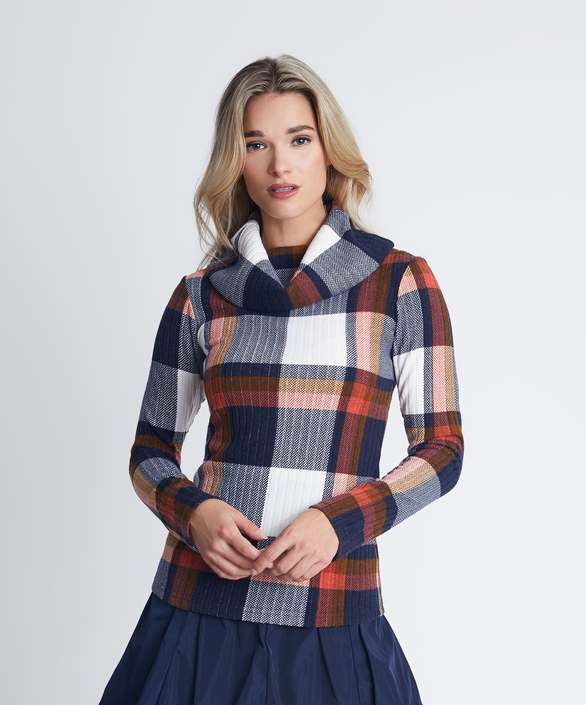Lya Plaid Sweater - Navy, White & Ochre