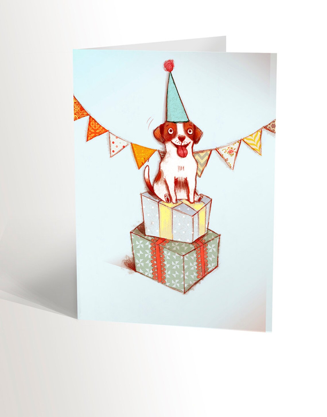 Carte de souhait chien sur une montagne de cadeau