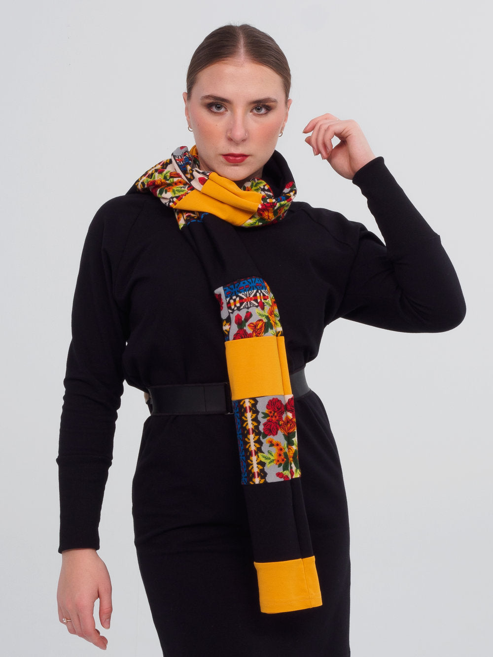 Recycled fabric scarf - black, yellow, patchwork