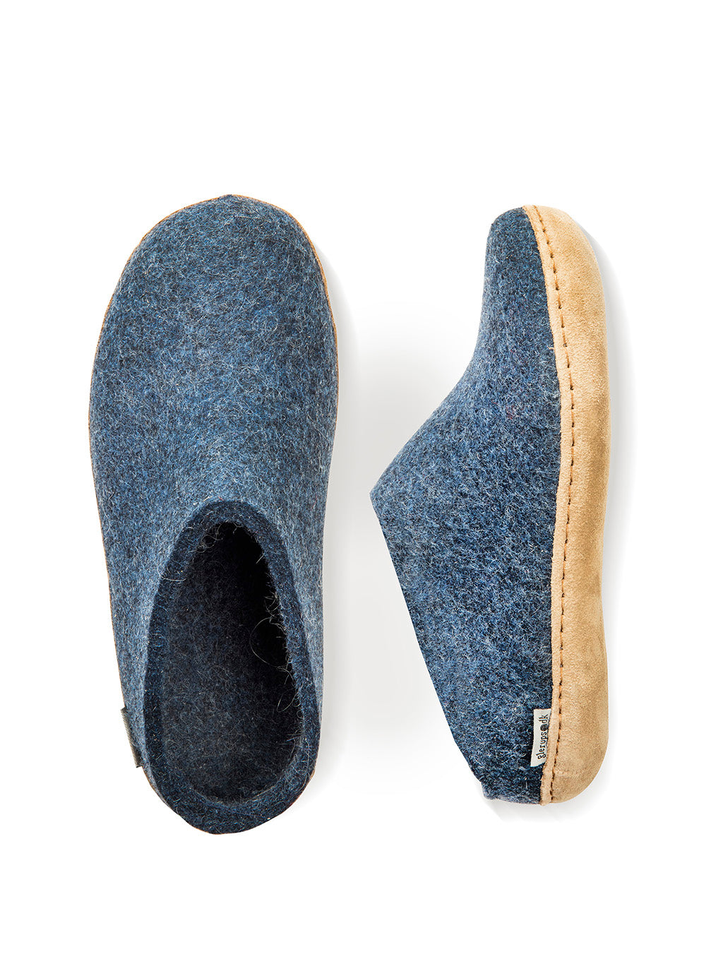 Blue-denim wool slipper with leather sole